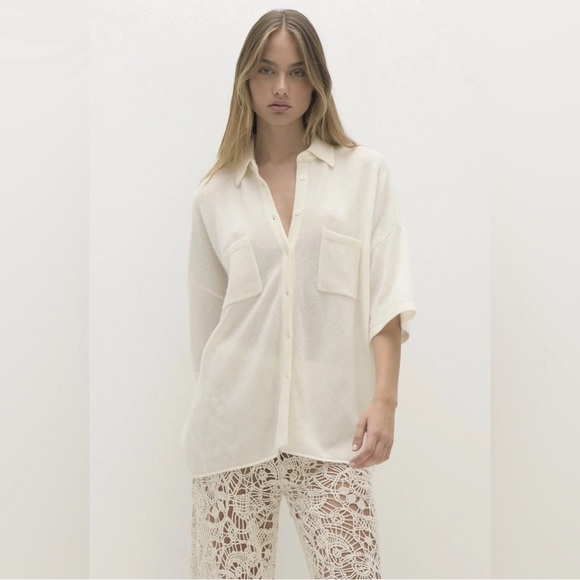 NEW NakedCashmere Ecru Rue Button-Up Cashmere Top Cream White Shirt - Picture 2 of 14